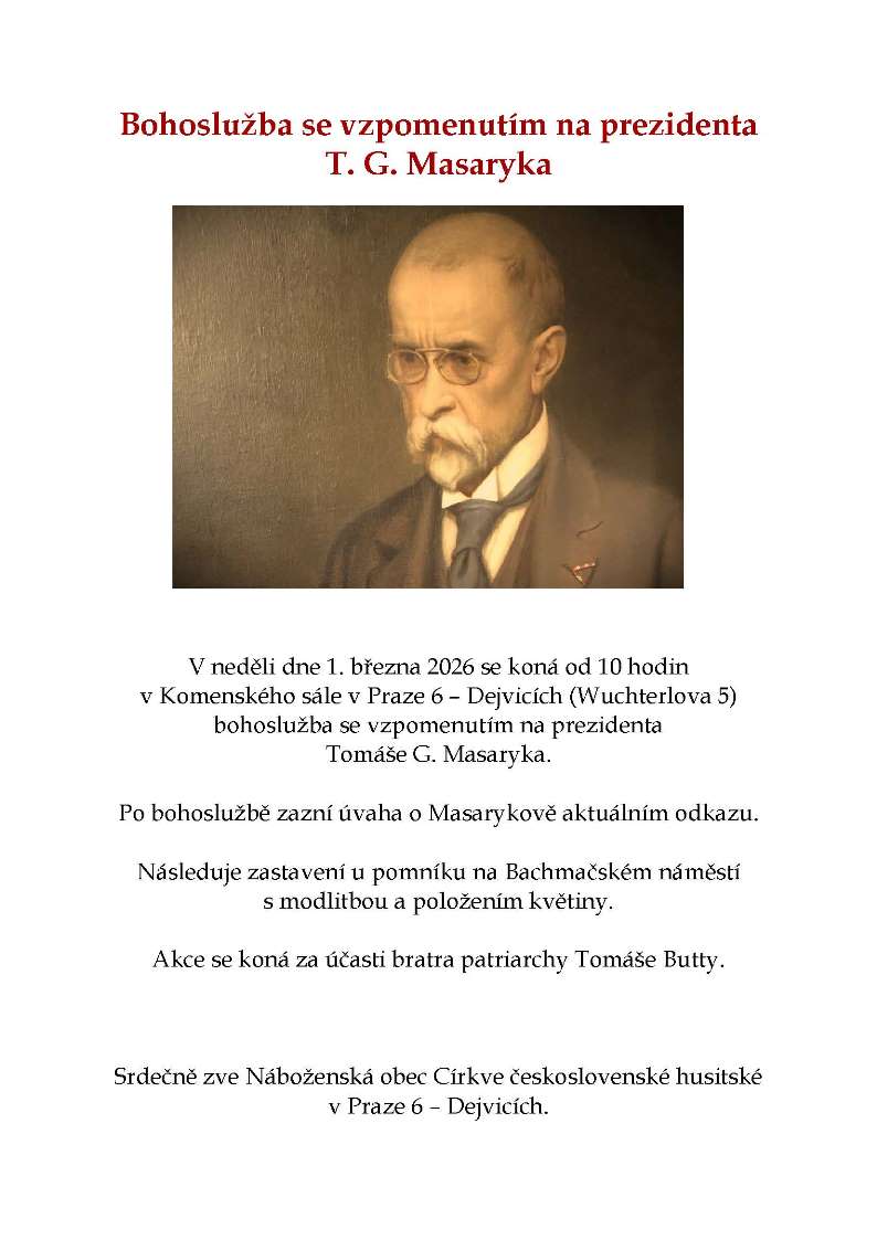 Bohoslužba se vzpomenutím na prezidenta T. G. Masaryka 1. 3. 2026 plakát