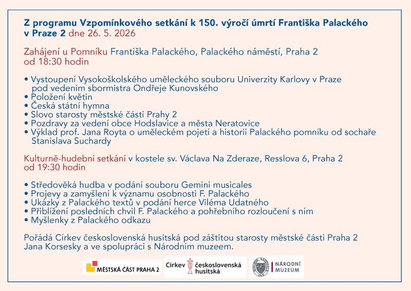 Pozvánka Vzpomínkové setkání k 150. výročí úmrtí F. Palackého 26.5.2026 Praha 2 program web jpg 800